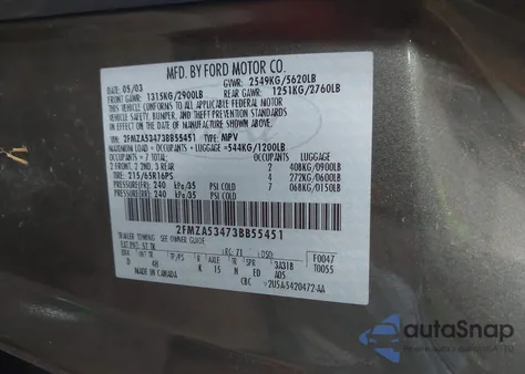 2003 Ford Windstar Sel z USA, uszkodzony, nr VIN 2FMZA53473BB55451